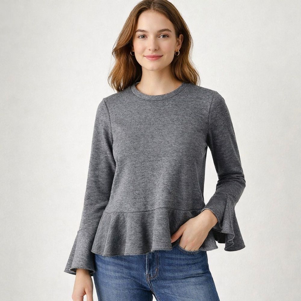 Lassiter Gray Peplum Top XS | Bell Sleeve Ruffle Hem Casual Knit